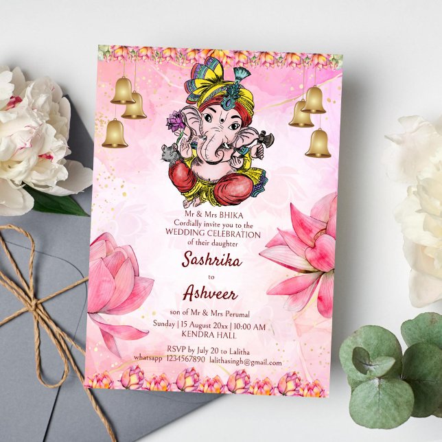 Convite Modelo de casamento índia de Ganesha lotus (Cute Ganesha pink lotus Indian wedding template invitation instant download)