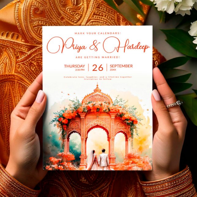 Convite Modelo de Casamento Indiano com Aquarela, Mandap S (Watercolor Indian Wedding Template, Mandap Sikh Invitation)