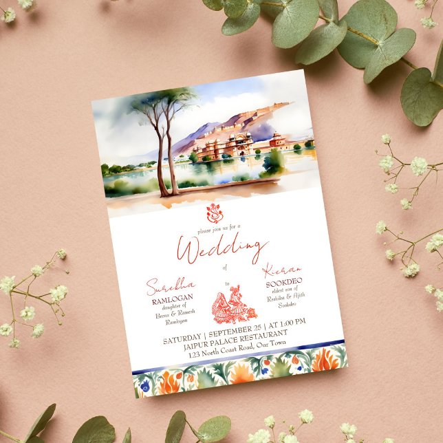 Convite Modelo de casamento índio do palácio de Jaipur (Jaipur palace watercolor Indian wedding editable template invitations instant digital download)