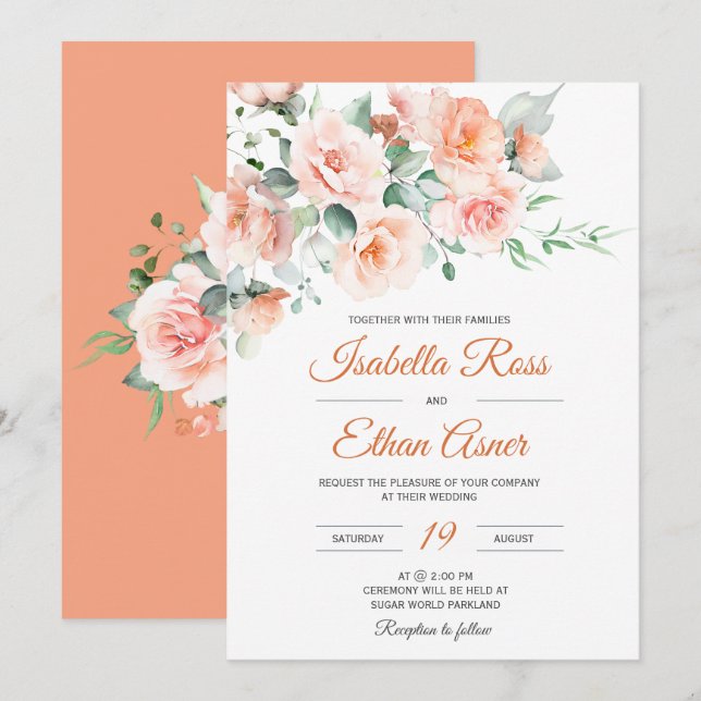 Convite Modelo de Casamento Moderno em Cor de Pêssego Clar (Frente/Verso)