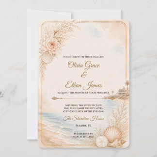Convite Modelo de Casamento na Praia com Aquarela Editável