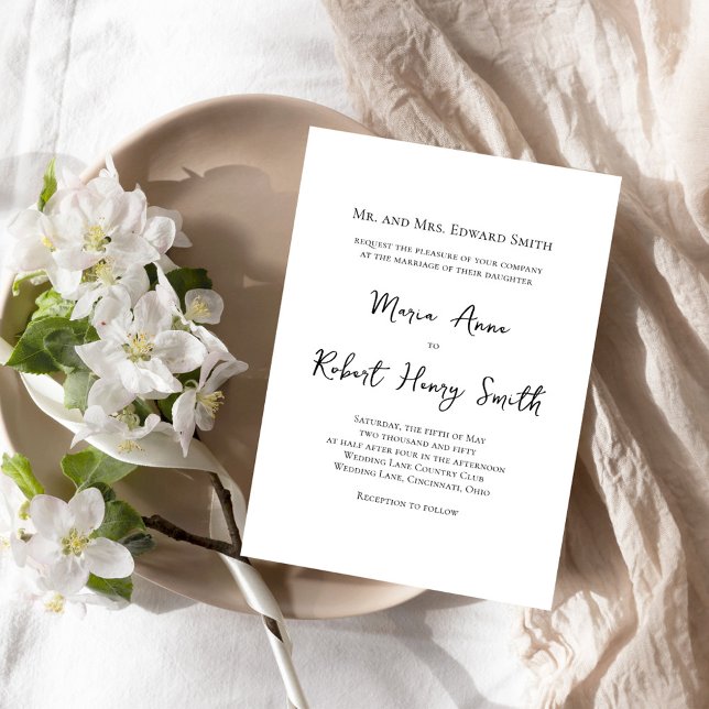 Convite Modelo de Casamento Simples Preto e Branco (Simple black and white calligraphy script wedding invitation.)