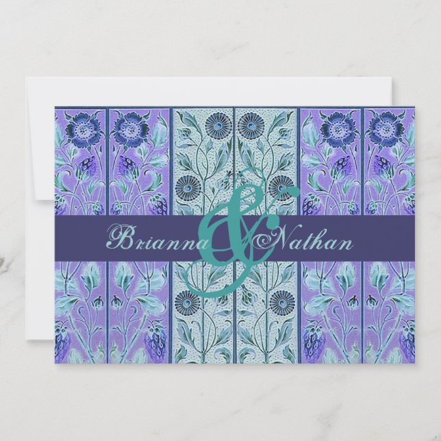 Convite Modelo de Casamento tema damasco de água e roxo (Frente)