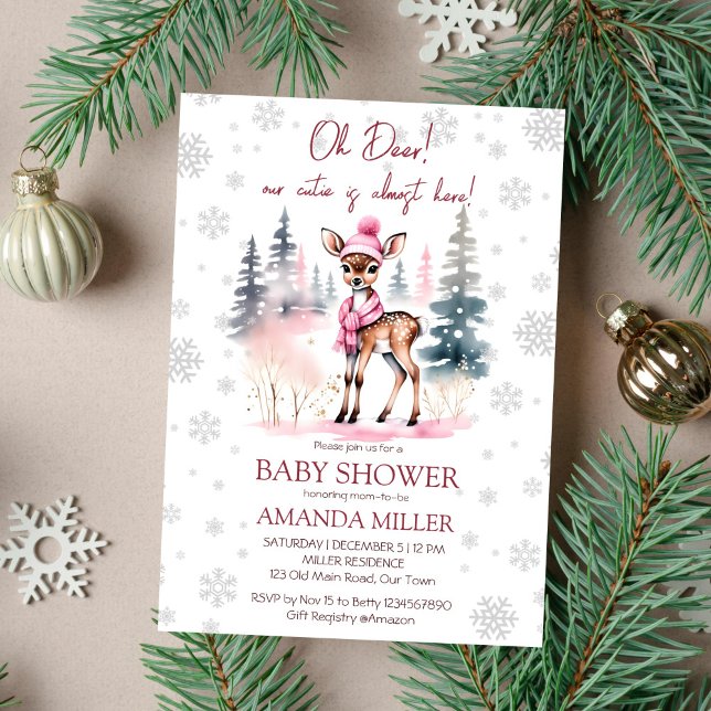 Convite Modelo de chá de bebê Oh deer winter girl (Oh deer winter baby shower editable template invitation instant digital download cute deer in a hat)