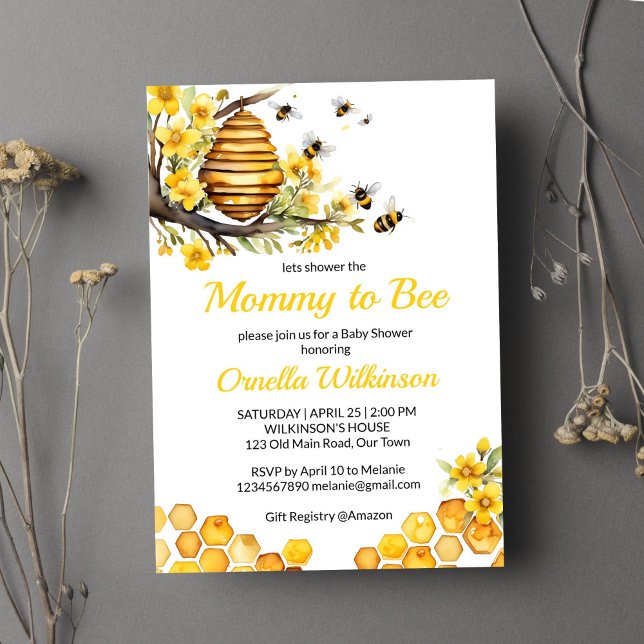 Convite modelo de chá de fraldas de abelha primavera de ab (Mommy to bee spring bee baby shower template invitation digital download beehive yellow flowers)