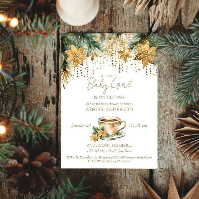 Convite Modelo de chá de fraldas de chá de inverno de Boho (Boho winter baby shower tea party editable template invitation digital download watercolor pines)