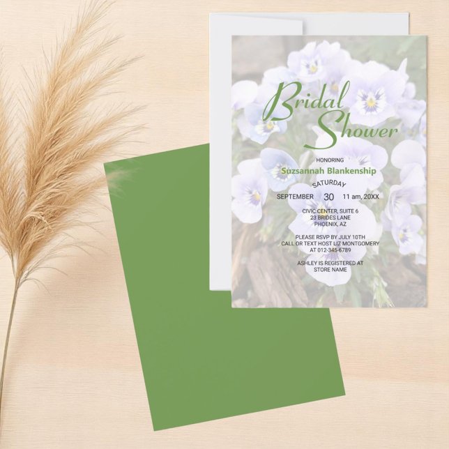 Convite Modelo de Chá de Noiva com Foto de Pensamentos Rox (floral front with template text and solid color back bridal shower invitation)