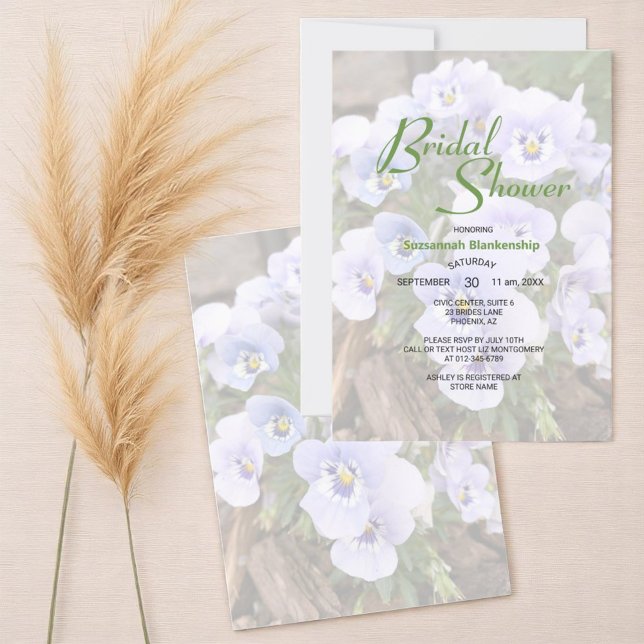 Convite Modelo de Chá de Noiva com Foto de Pensamentos Rox (template text on front with floral photo and floral photo back bridal shower invitation)