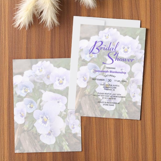 Convite Modelo de Chá de Noiva com Foto de Pensées Roxas P (front and back bridal shower template invitation)