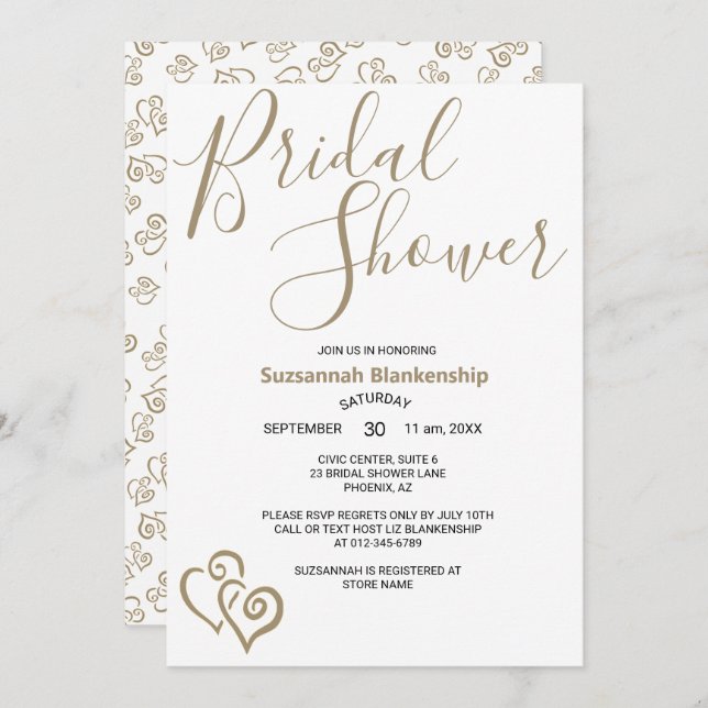 Convite Modelo de Chá de Noiva Corações Interligados Bege (Frente/Verso)