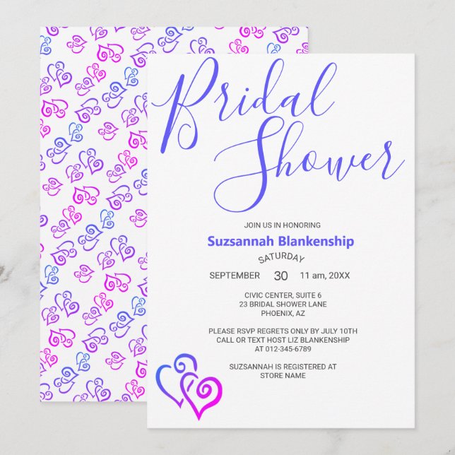 Convite Modelo de Chá de Noiva Corações Ligados Azul Magen (Frente/Verso)