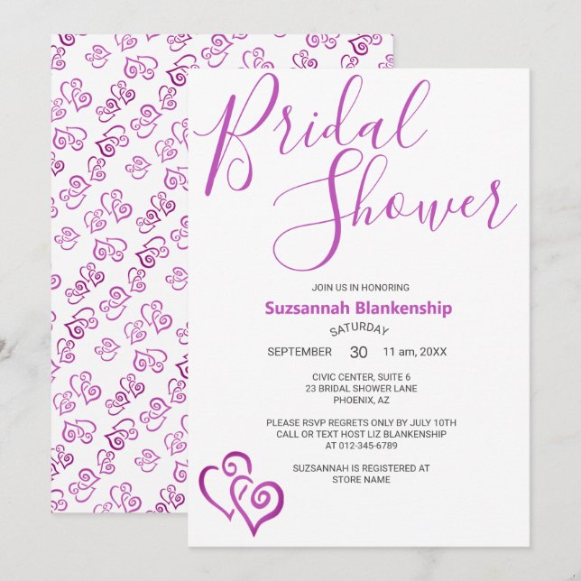 Convite Modelo de Chá de Noiva Corações Ligados Rosa (Frente/Verso)