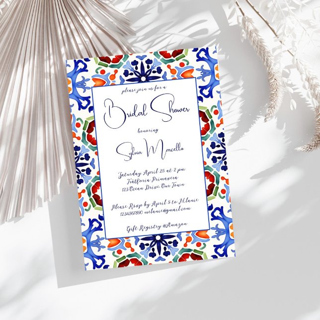 Convite Modelo de chá de panela em azulejos coloridos mexi (Blue Mexican Spanish colorful Talavera azulejo tiles bridal shower invitation template download)