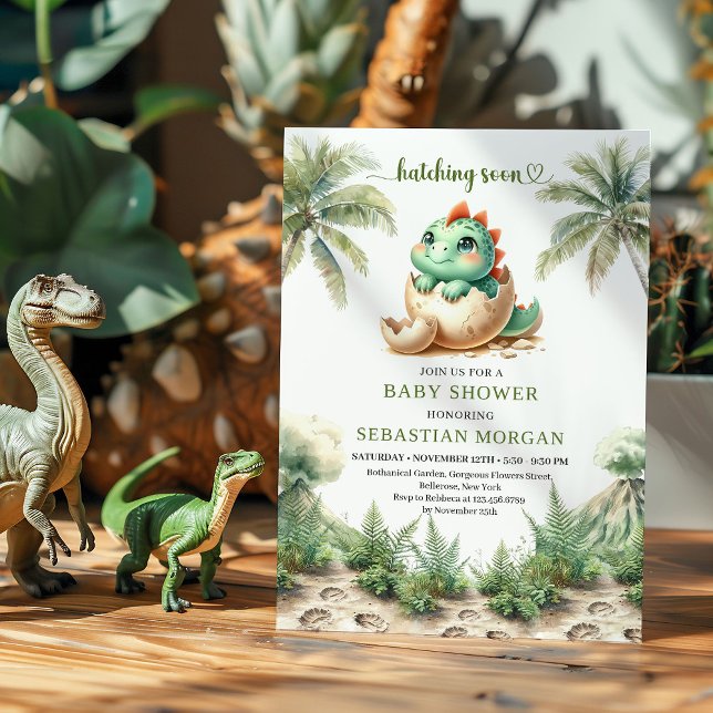 Convite Modelo de Chás de Bebê de Dinossauro Prestes a Nas (Fun Hatching Soon Dinosaur Baby Shower Template)