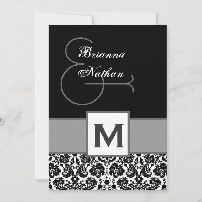 Convite Modelo de Cinza Damask de Monograma de  Preta e Si (Frente)