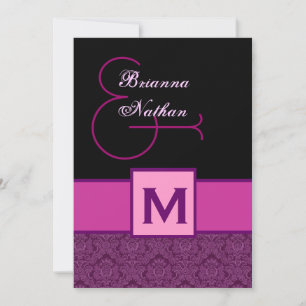 Convite Modelo de Damasco para Monograma Preto Magenta