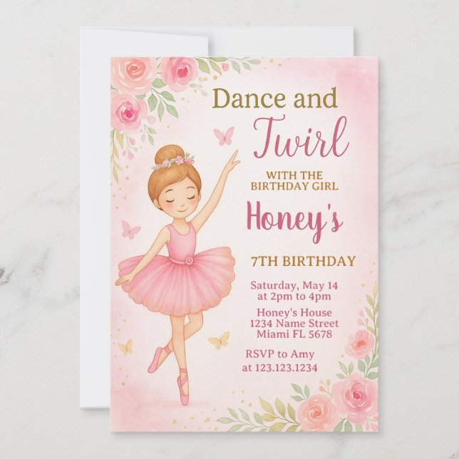 Convite Modelo de Dança Editável para Raparigas (Frente)