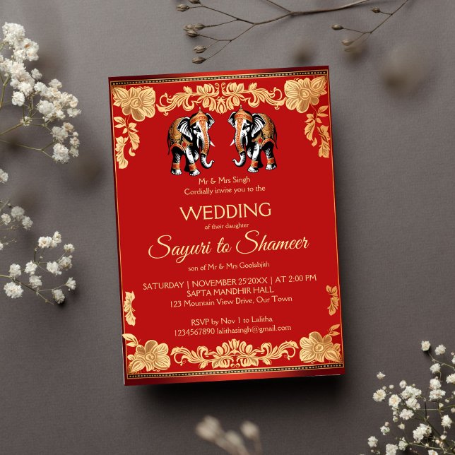 Convite Modelo de elefantes do casamento de índios, vermel (Red and gold Indian wedding ornate elephants editable template invitation instant digital download)