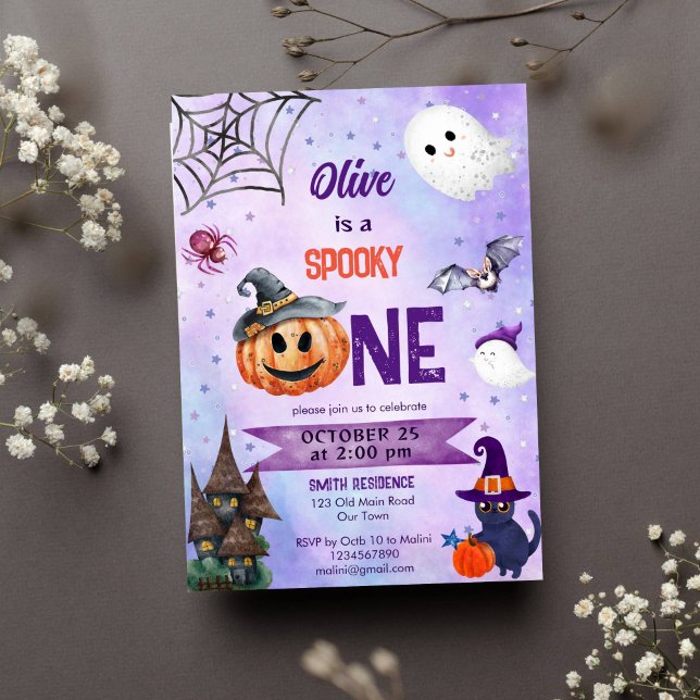 Convite Modelo de festa de aniversário de de Halloween (Spooky one Halloween girls birthday party template invitation cute ghost pumpkin black cat bat)