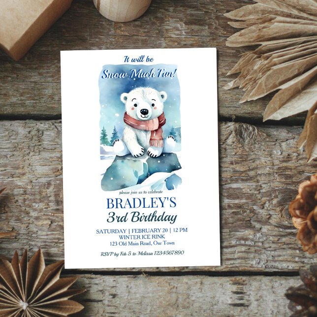 Convite Modelo de festa de aniversário de inverno com urso (Polar bear winter birthday party editable template invitation digital download cute cube on ice rock)