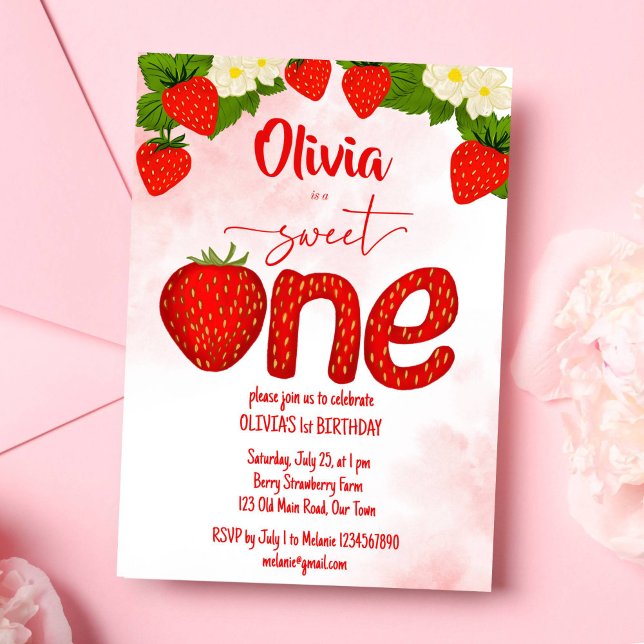 Convite Modelo de festa de aniversário de morango doce (Sweet one strawberry birthday party template invitation digital download strawberry letter red)