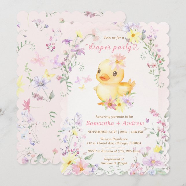Convite Modelo de festa de fraldas PATO DE BORRACHA Rosa (Frente/Verso)