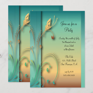 Convite Modelo de Festa Elegante Borboleta Pôr do Sol Azul