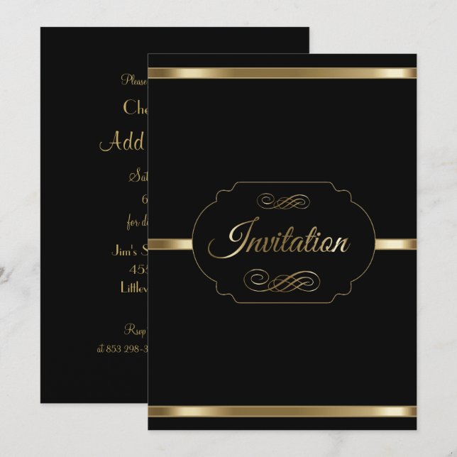 Convite Modelo de Festa Preto e Dourado Elegante (Frente/Verso)