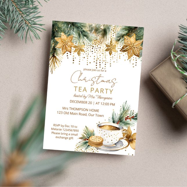 Convite Modelo de festas de chá de brunch de Natal Boho (Boho Christmas Christmas brunch tea party template invitation digital download gold poinsettia cup)