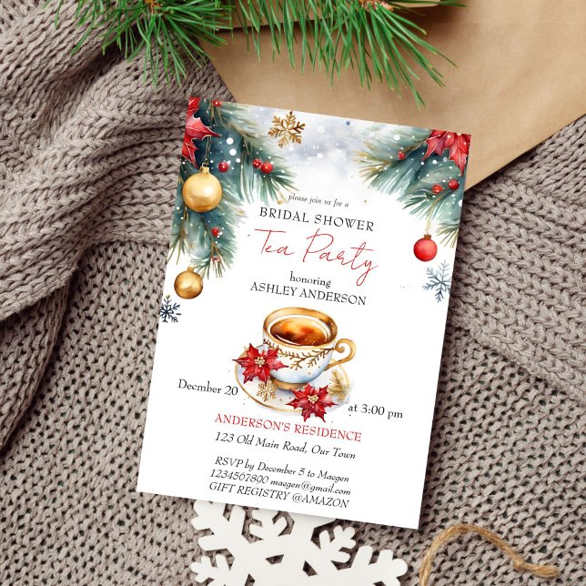Convite Modelo de festas de chá de panela de inverno de Na (Christmas winter bridal shower tea party editable template invitation digital download watercolor)