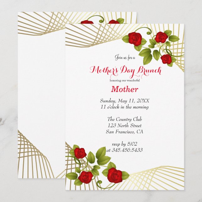 Convite Modelo de Flores de Rosa Vermelha com Acento Doura (Frente/Verso)