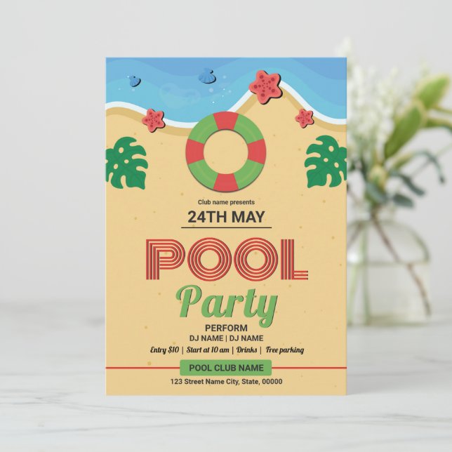 Convite Modelo de Folheto de Festa de Piscina de Verão (Em pé/Frente)