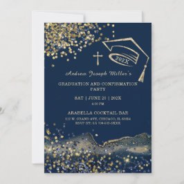 Convite Modelo de Formatura e Confirmação Azul e Dourado