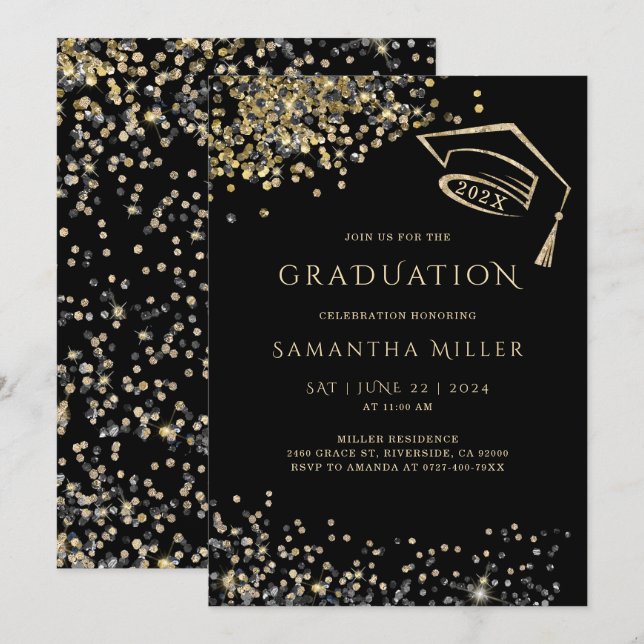 Convite Modelo de Formatura Preto e Dourado (Frente/Verso)