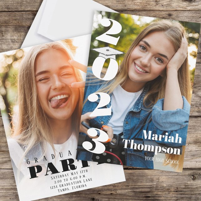 Convite Modelo de Foto Branco e Preto Moderno do formando (Criador carregado)