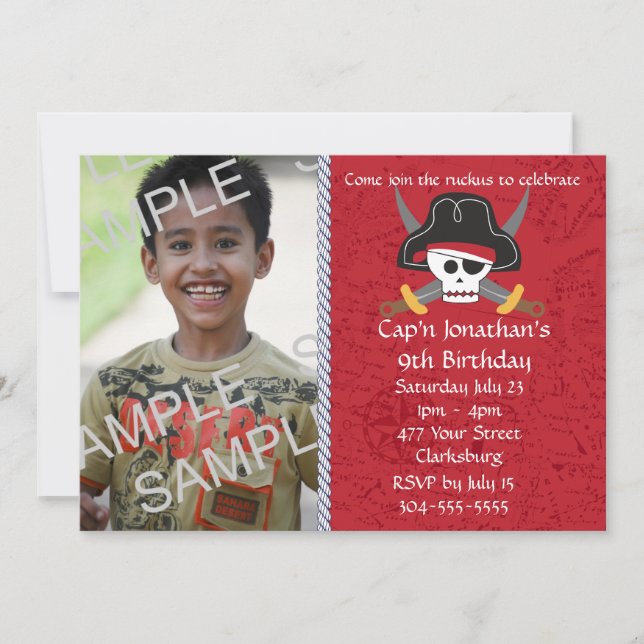 Convite Modelo de Foto de Aniversário do Crânio Pirata (Frente)