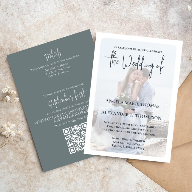 Convite Modelo de Foto de Casamento de Cinza Elegante (Elegant photo Wedding invitation with QR Code and simple grey.)