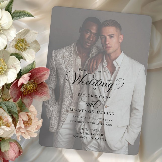 Convite Modelo de Foto de Casamento de Dois Noivos (Gay wedding two grooms invitation with elegant typography by Ricaso. Add photo and text)