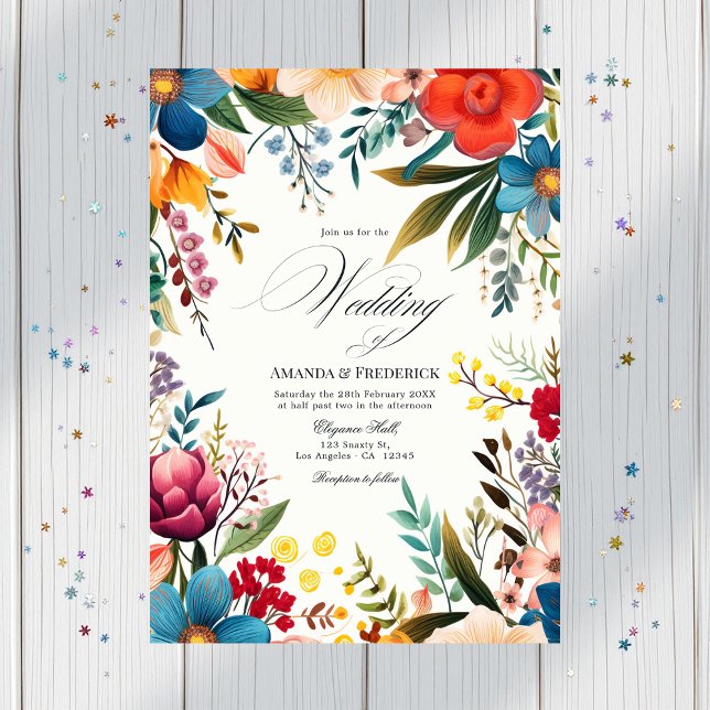 Convite Modelo de Foto de Casamento de Fiesta Floral de Wa (Watercolor Floral Fiesta Wedding Photo Invitation)
