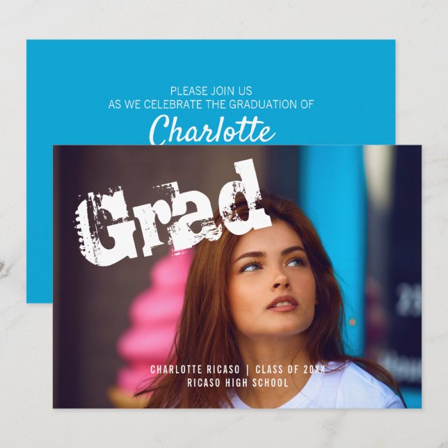 Convite Modelo de Foto de Graduado Personalizado Azul (Frente/Verso)