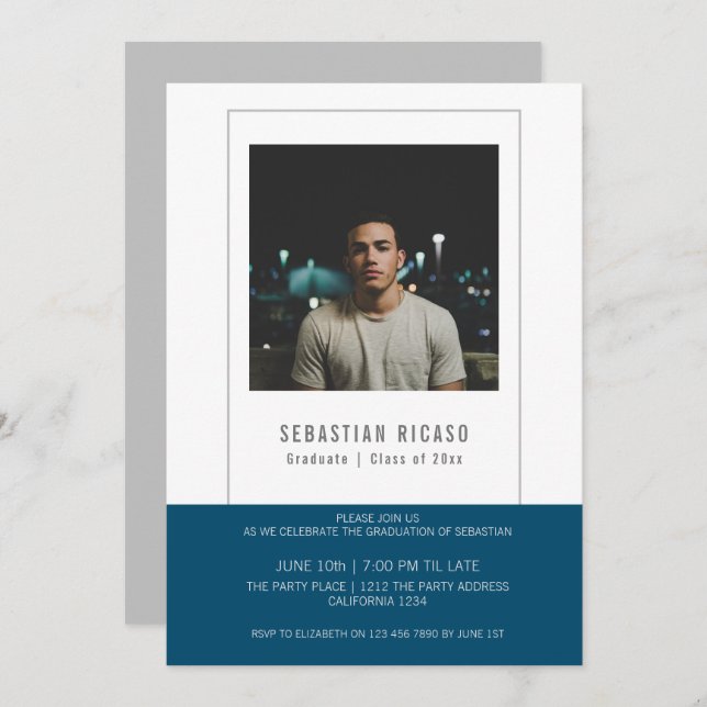 Convite Modelo de Foto de Graduado Personalizado Azul Bran (Frente/Verso)