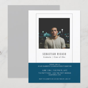 Convite Modelo de Foto de Graduado Personalizado Azul Bran