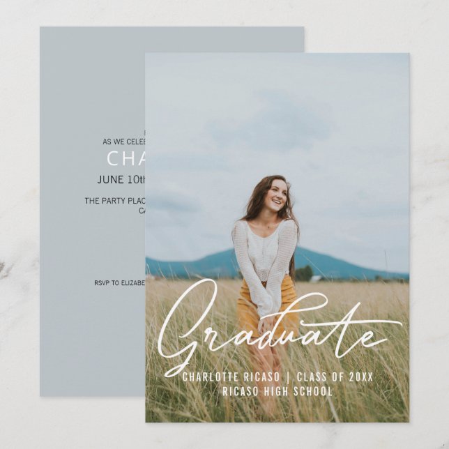 Convite Modelo de Foto de Graduado Personalizado Azul Clar (Frente/Verso)