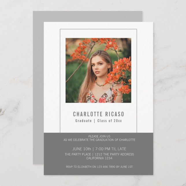 Convite Modelo de Foto de Graduado Personalizado Cinza Bra (Frente/Verso)