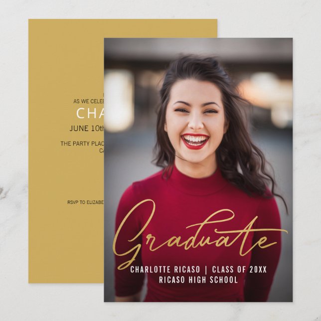 Convite Modelo de Foto de Graduado Personalizado Dourado (Frente/Verso)