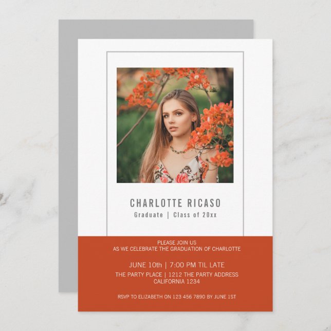 Convite Modelo de Foto de Graduado Personalizado Laranja B (Frente/Verso)