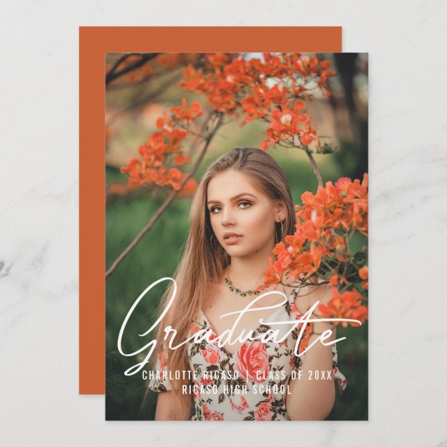 Convite Modelo de Foto de Graduado Personalizado Laranja Q (Frente/Verso)