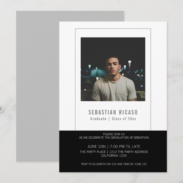 Convite Modelo de Foto de Graduado Personalizado Preto e B (Frente/Verso)