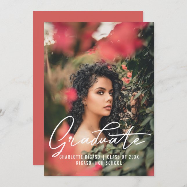 Convite Modelo de Foto de Graduado Personalizado Rosa (Frente/Verso)