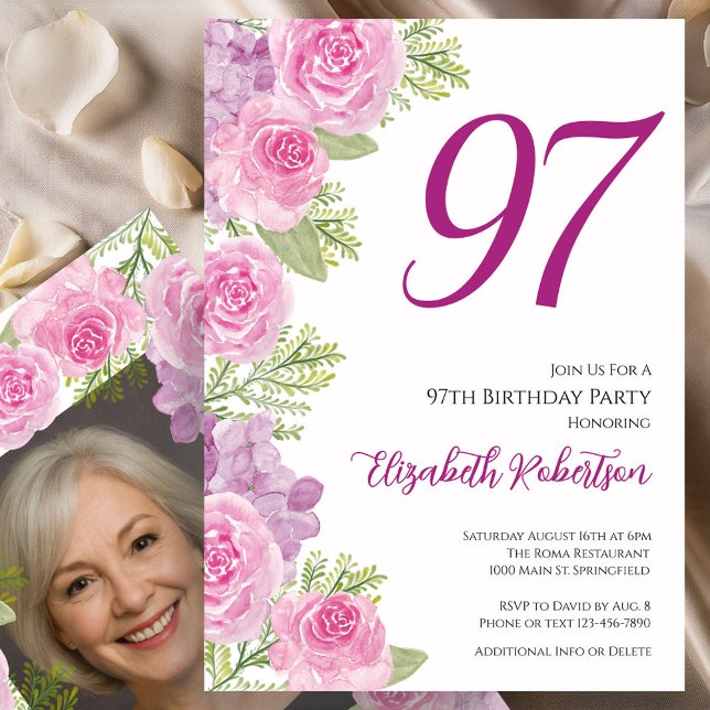 Convite Modelo de foto personalizado de rosas cor-de-rosa  (Criador carregado)